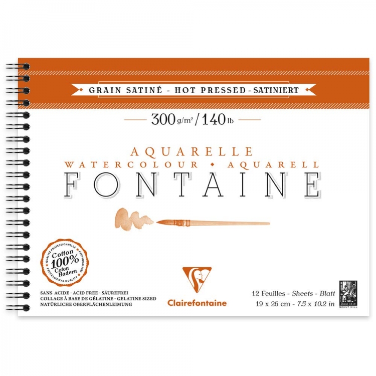 96352C Clairefontaine Fontaine Watercolor Hot Pressed - Wirebound 12 Sheets - 7 1/2 x 10 1/4